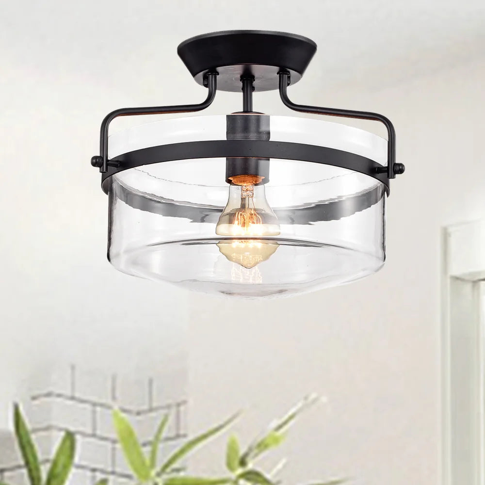 1-Light Matte Black Semi-Flush Ceiling Lamp，