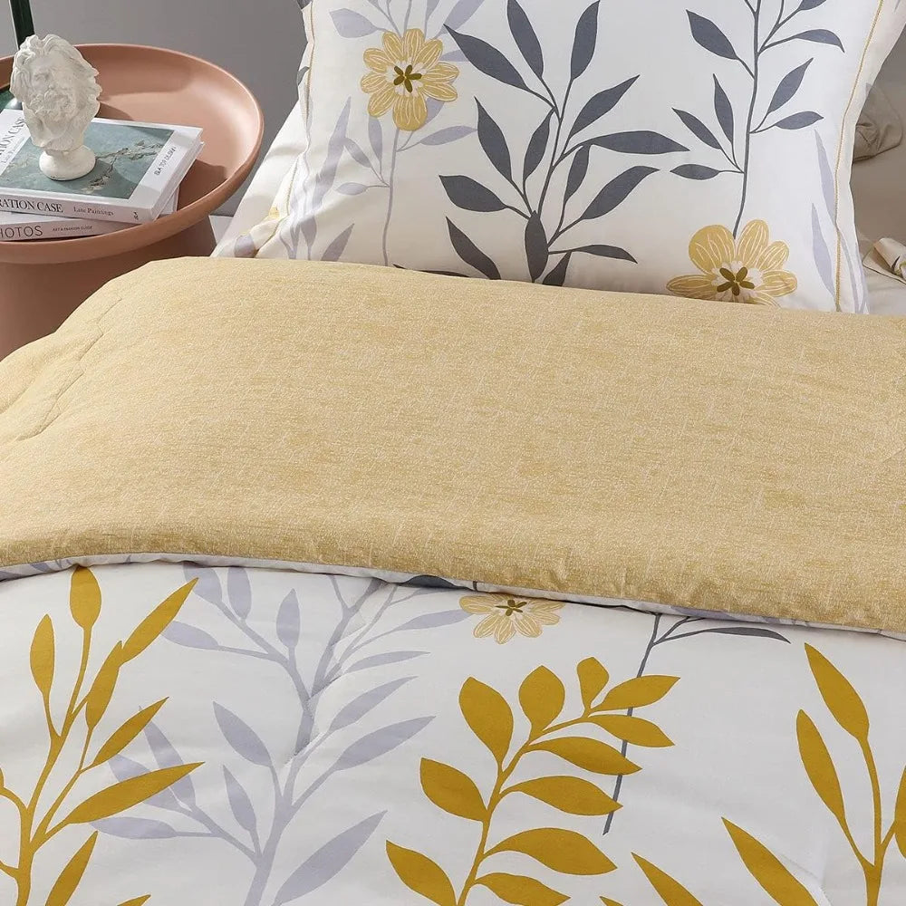 Yellow Flower & Grey Leaves Pattern Orange Reversible Comforter Set, Bedding Set 3Pcs