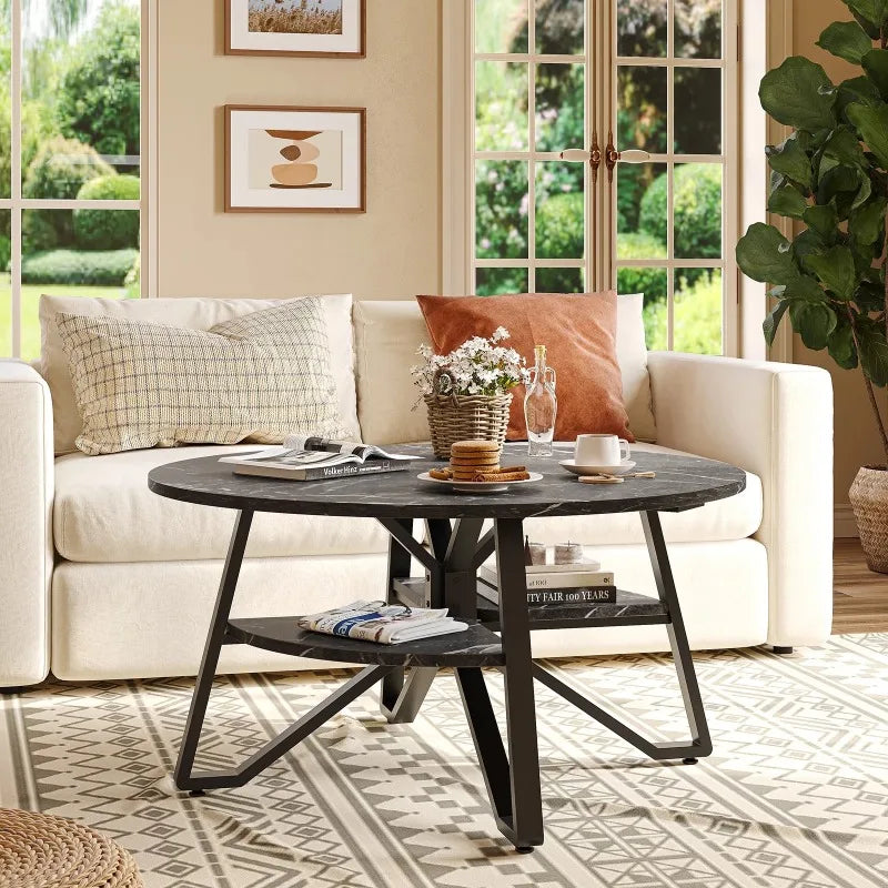 Round Coffee Table with Storage,Living Room Tables with Sturdy Metal Legs Black Marble