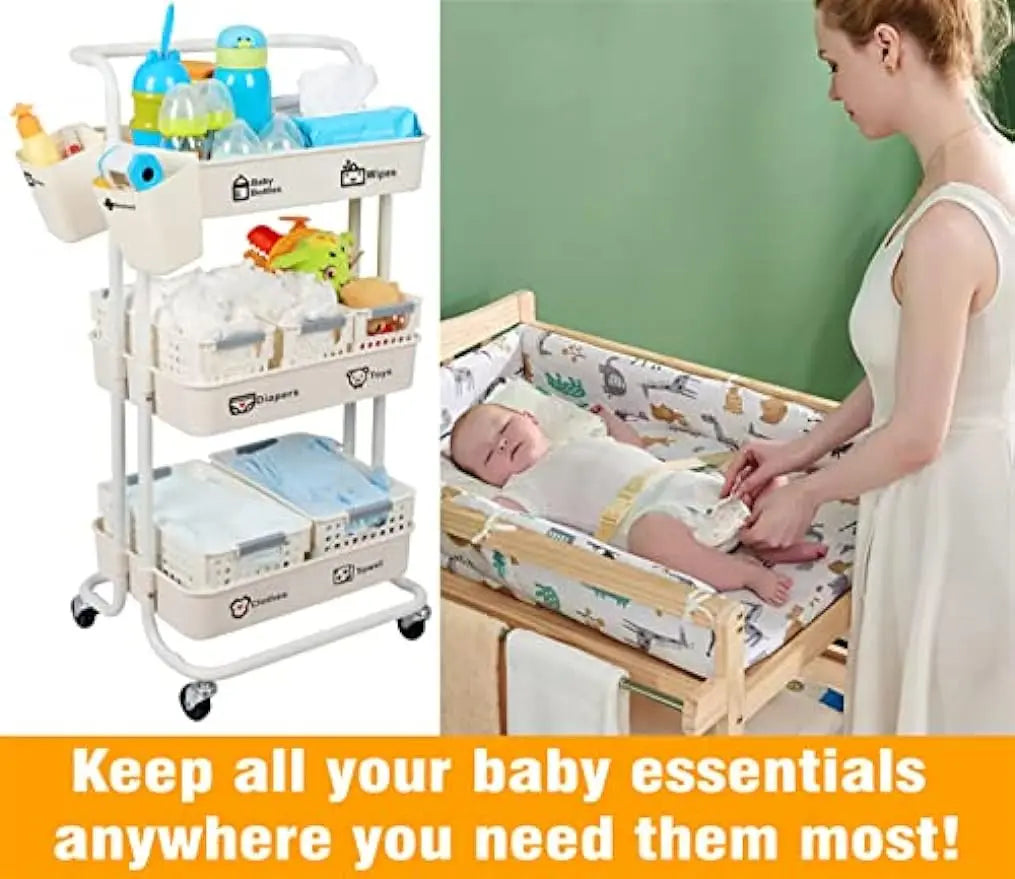 Baby Diaper Caddy Organizer Cart Movable, 3-Tier Sturdy Newborn Nursery Essentials Storage Cart for Changing Table