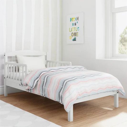 Kids Wood Toddler Bed with Safety Guardrails, White