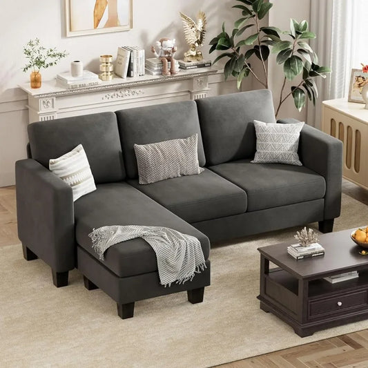 Convertible Sectional Sofa,3 Seat L-Shaped Sofa with Linen Fabric,Movable Ottoman Small Couch,Living Room and Dark Gray Couch