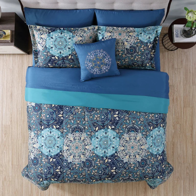 8 Piece Deep Blue Damask Reversible Bed in a Bag Bedding Set