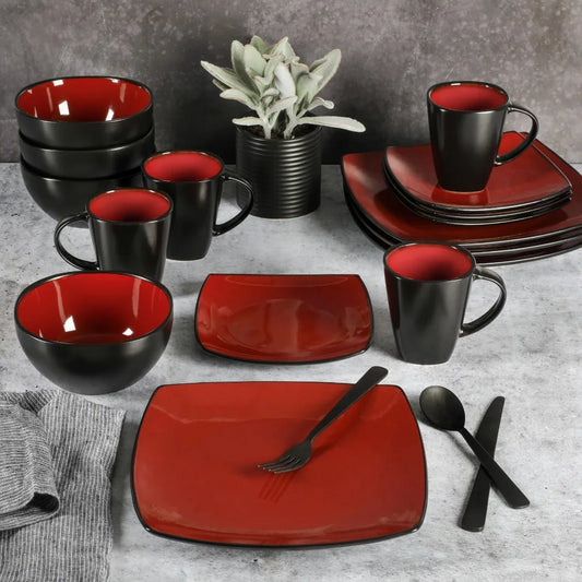 Soho Lounge Square 16-Piece Dinnerware Set - Red Plate Sets