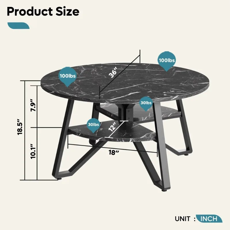 Round Coffee Table with Storage,Living Room Tables with Sturdy Metal Legs Black Marble