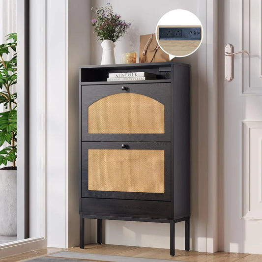 Rattan Shoe Cabinet With Charging Station