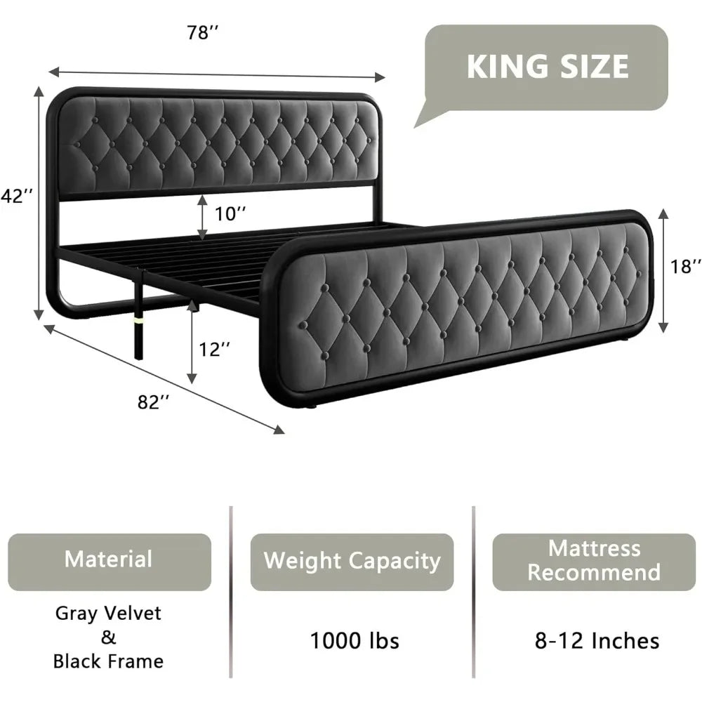 King Size Bed Frame Heavy Duty Bed Frame With Faux Leather Headboard Bedroom Furniture 12" Under-Bed Storage Black