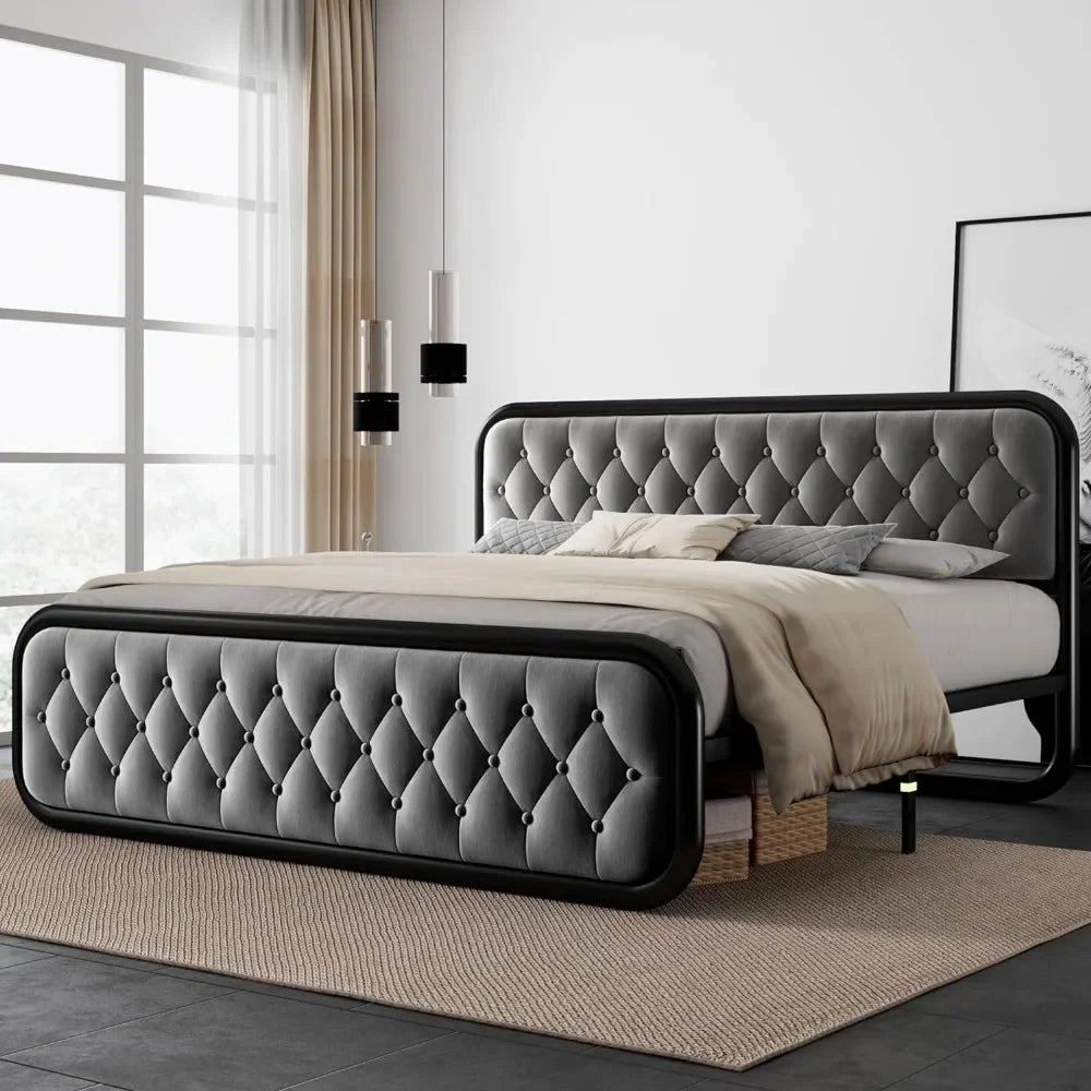 King Size Bed Frame Heavy Duty Bed Frame With Faux Leather Headboard Bedroom Furniture 12" Under-Bed Storage Black