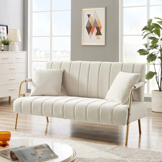 Sofa, compact living room sofa with metal leg straps and pillows, velvet soft cushion and plush sofa