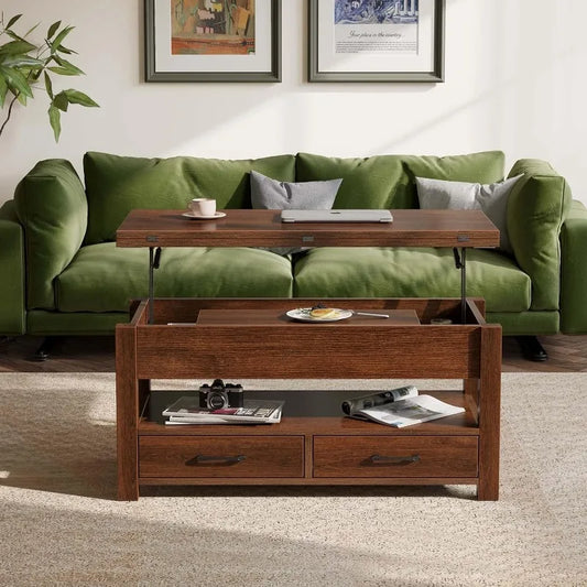 Multifunctional coffee table with drawers and hidden compartments that converts into a dining table for living room or office