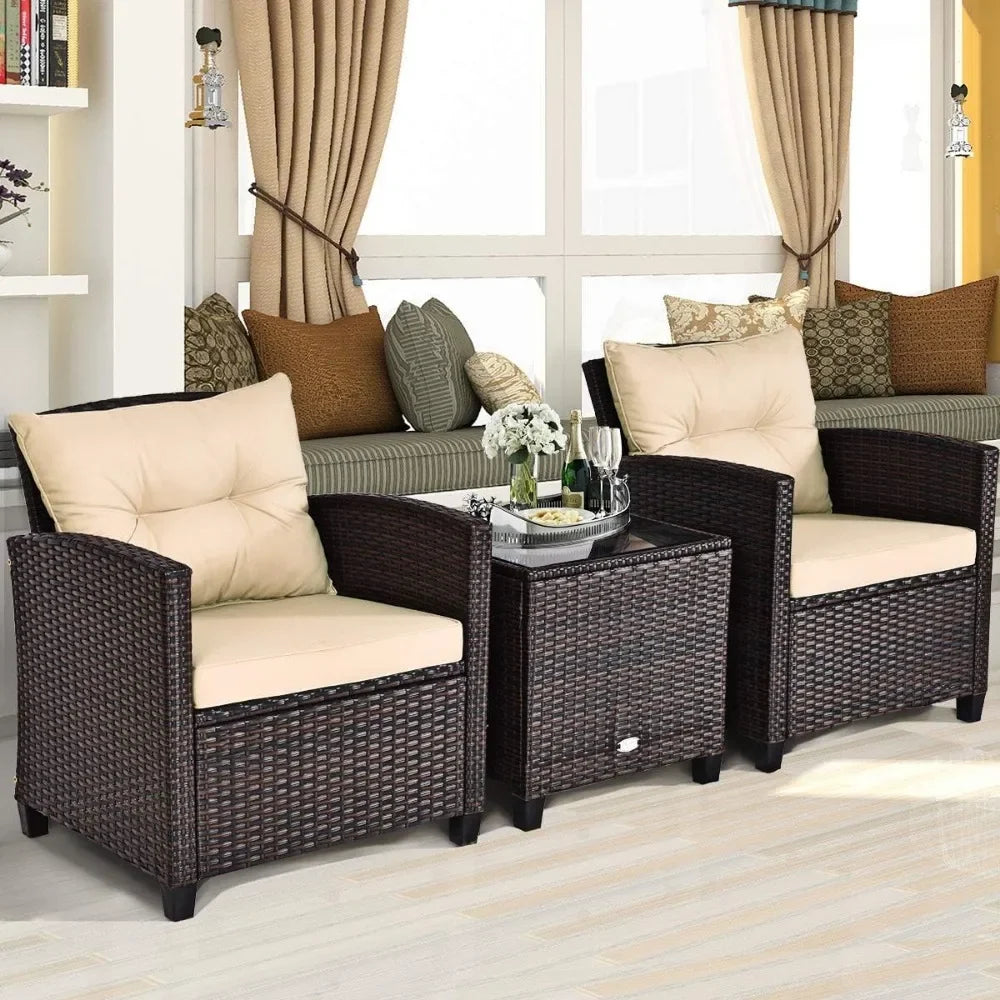 Wicker Outdoor Sofa Set w/Washable Cushion and Tempered Glass Tabletop,