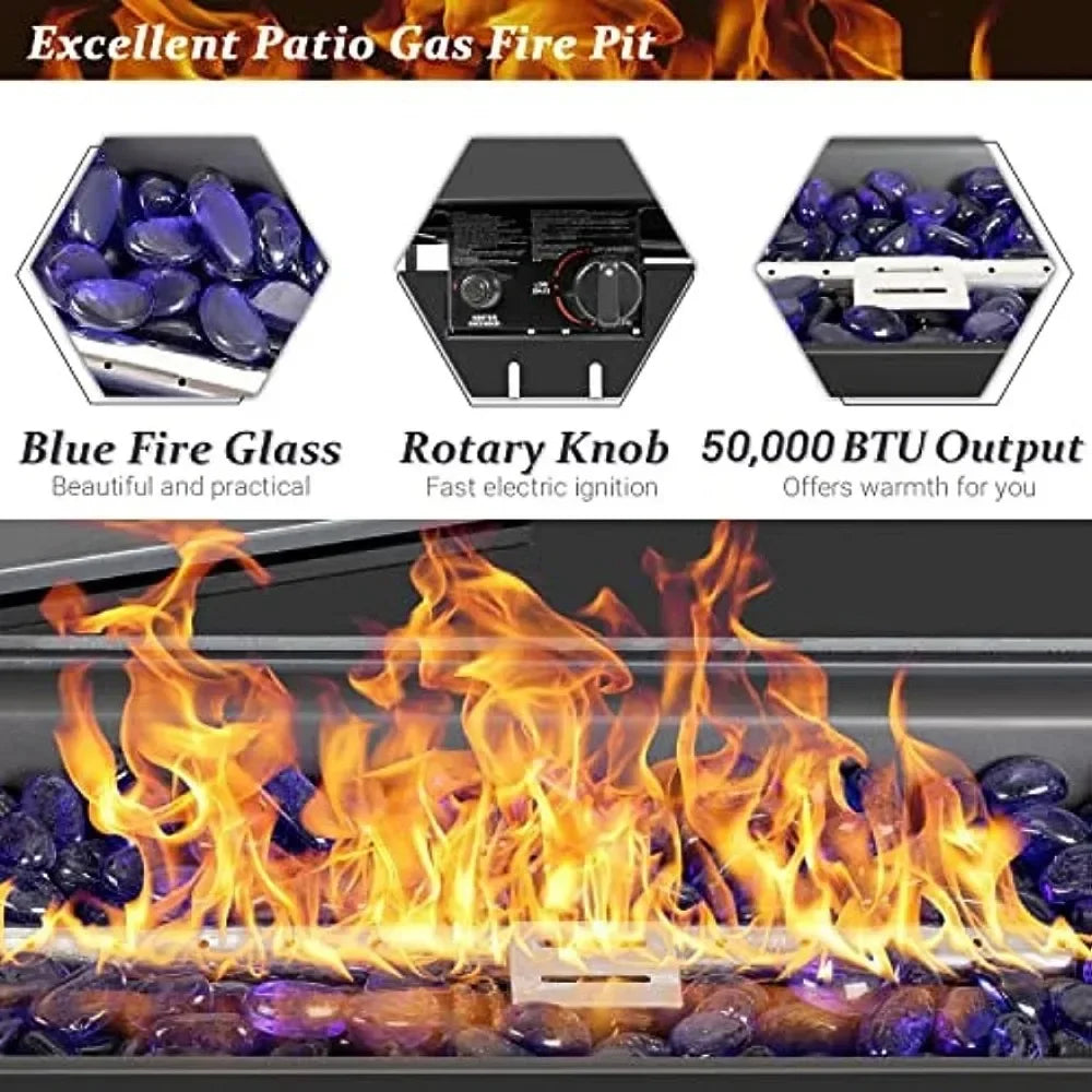 43 Inch Outdoor Gas Fire Pit Table, 50,000 BTU Steel Propane Firepit with Wind Guard and Blue Glass Rock