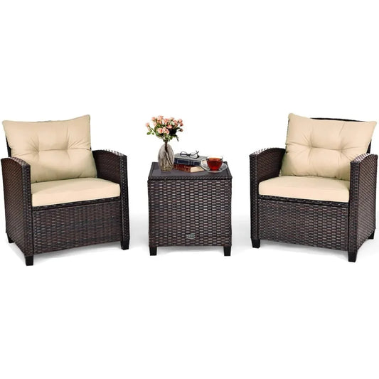 Wicker Outdoor Sofa Set w/Washable Cushion and Tempered Glass Tabletop,