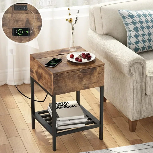 Rustic Side Table With Drawer and Metal Shelf