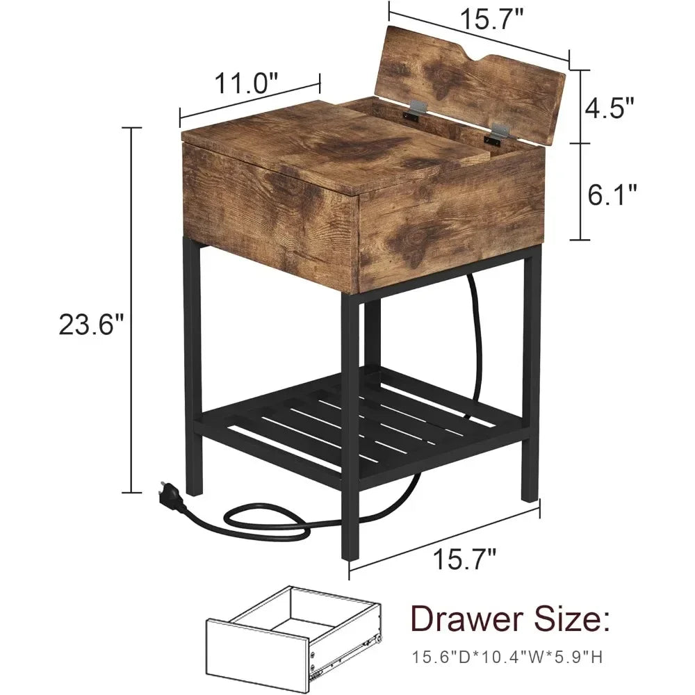 Rustic Side Table With Drawer and Metal Shelf