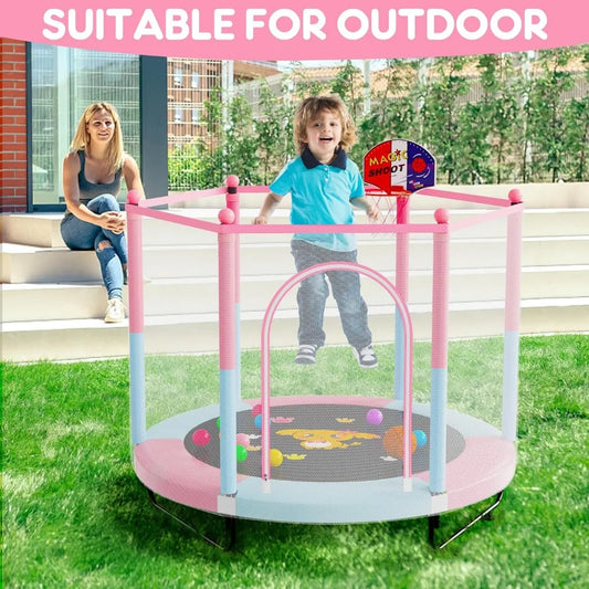 60" Trampoline for Kids, 5 FT Indoor & Outdoor Small Toddler Trampoline with Basketball Hoop, Safety Enclosure, Baby Trampoline