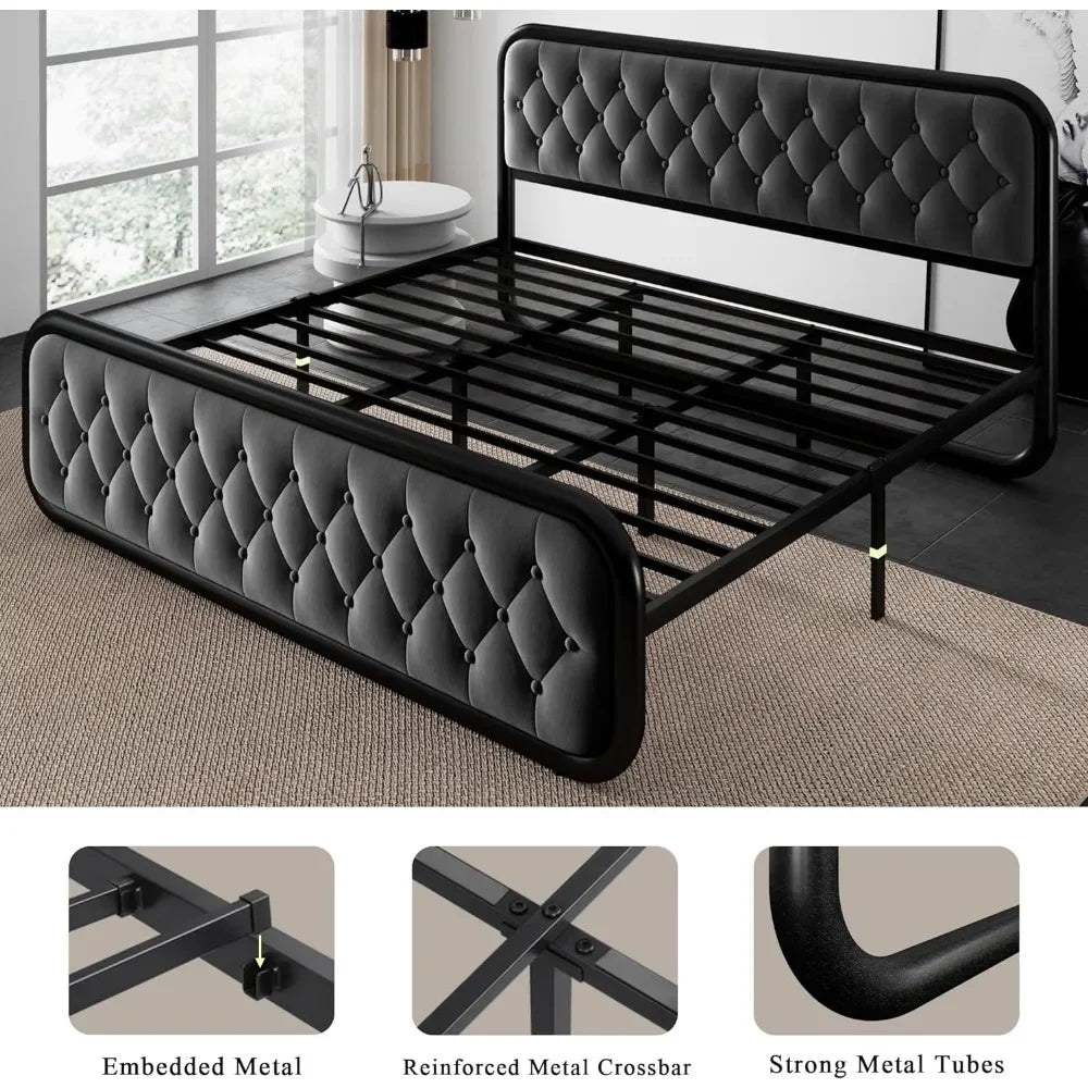 King Size Bed Frame Heavy Duty Bed Frame With Faux Leather Headboard Bedroom Furniture 12" Under-Bed Storage Black