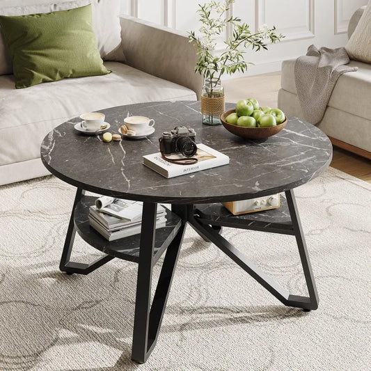 Round Coffee Table with Storage,Living Room Tables with Sturdy Metal Legs Black Marble