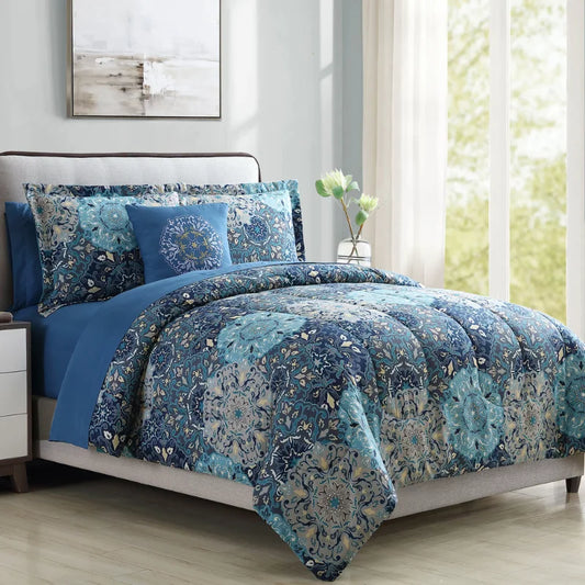 8 Piece Deep Blue Damask Reversible Bed in a Bag Bedding Set