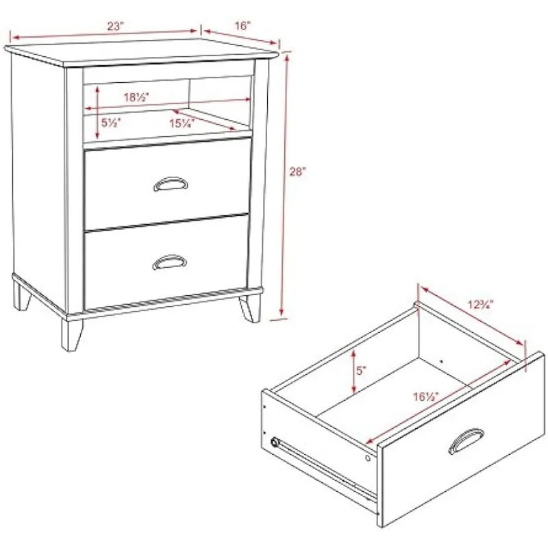 Nightstand Side Table, with 2 Drawers and Open Shelf